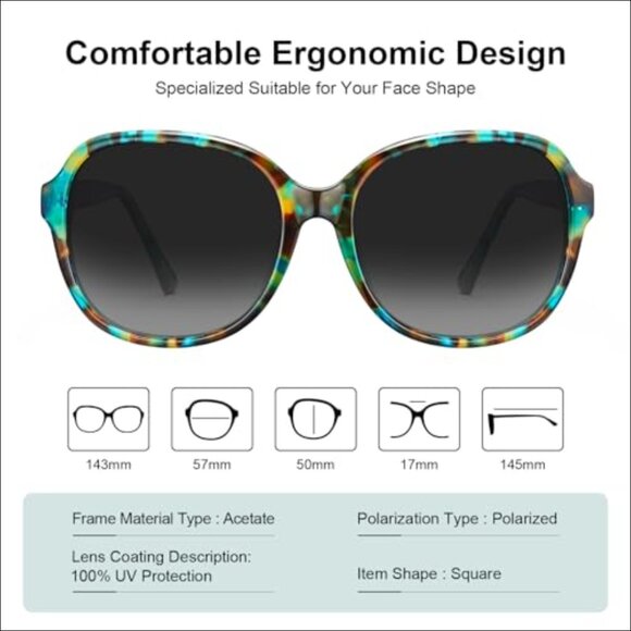 Acetate Oversized Square Polarized Sunglasses UV Protection Retro